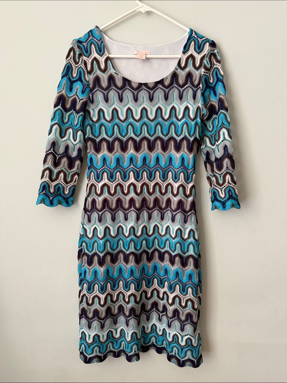 Wavy Knit Scoop-Neck Dress in Teal and Brown